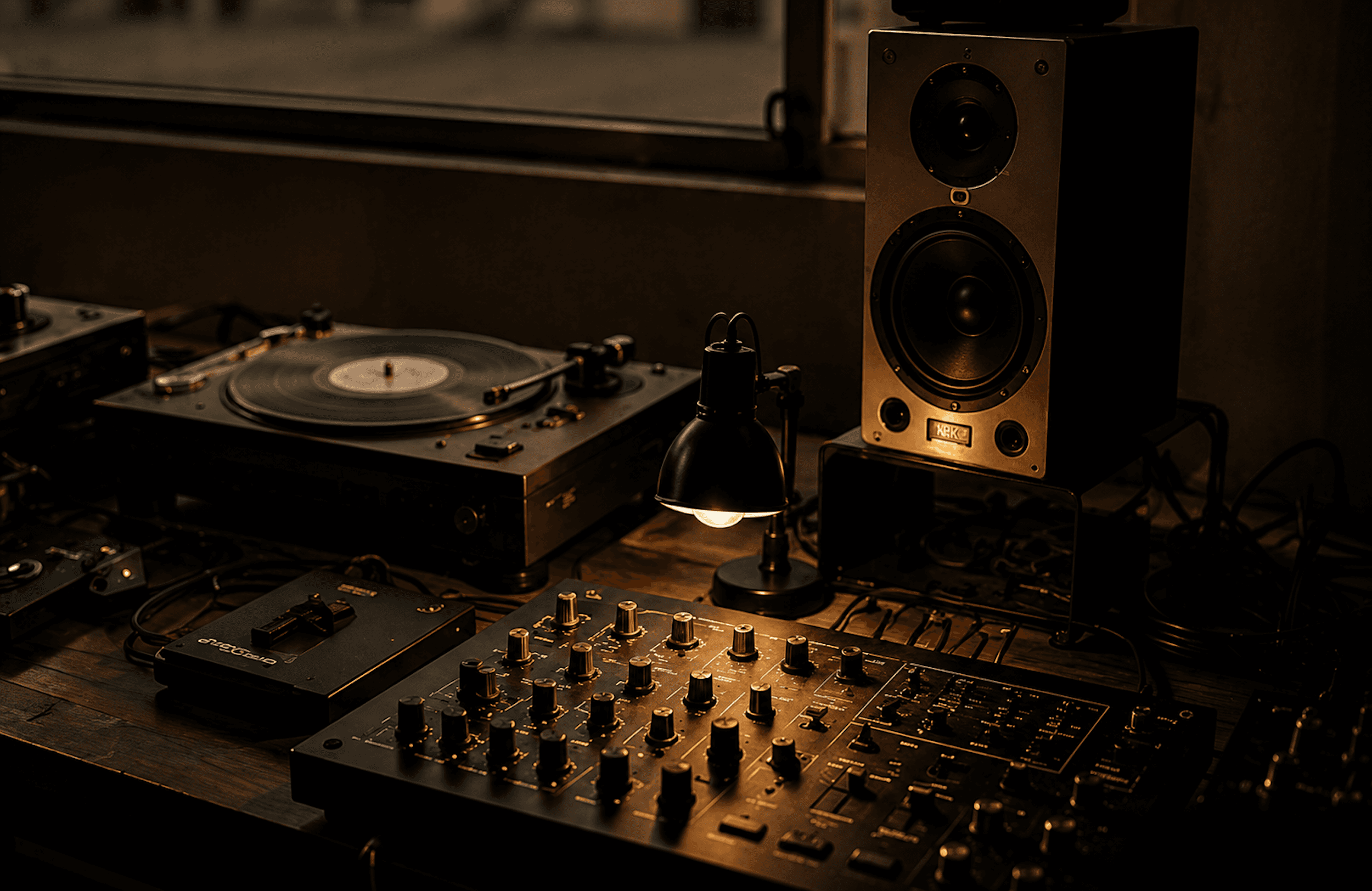 A studio desk with mixing equipment and speakers