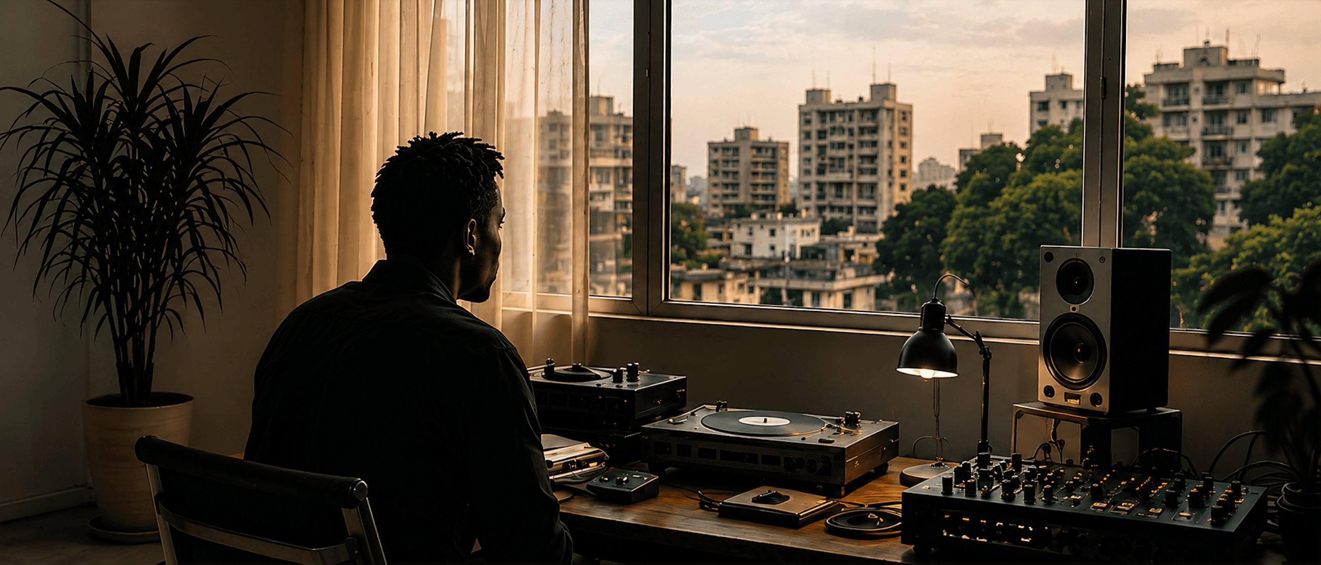An artist at a turntable setup by a window at dusk